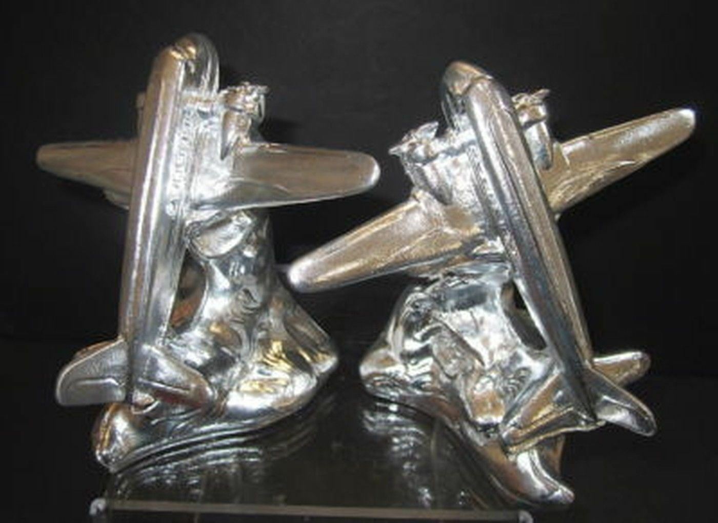 DC-3 Airplane bookends art deco in sanded aluminum made in USA a pair