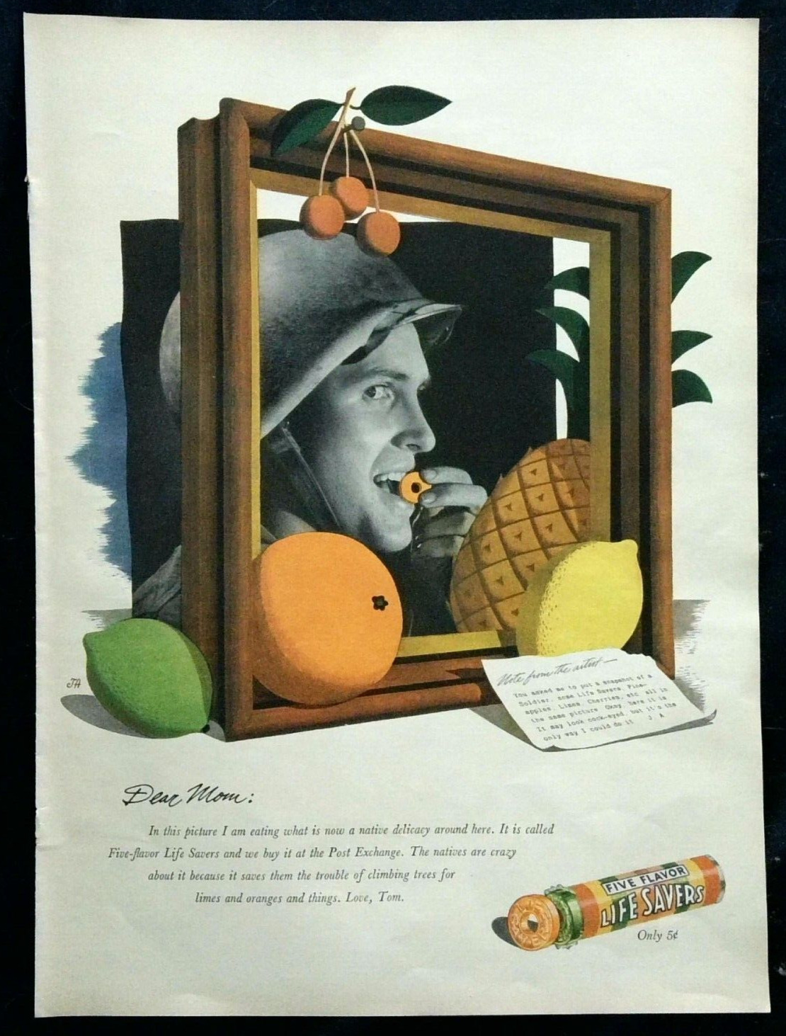 1944 Life Savers Vintage Art Print Ad Soldier Letter Home WWII
