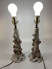 Mid-Century Tree Trunk Table Lamps Porcelain Pink Roses Marked Japan - Pair picture